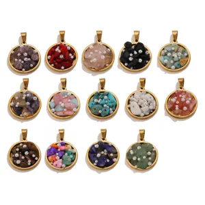 Stainless Steel Natural Stone Pearl Round Pendant DIY Necklace Jewelry Accessories Wholesale