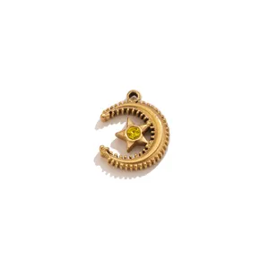 Pendentif lune et étoile doré vintage avec cristal jaune pour accessoire bijou DIY