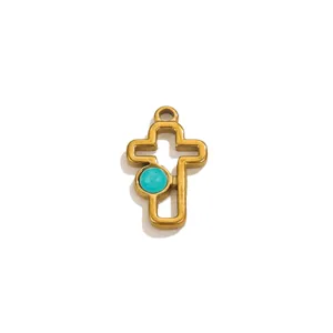 Roestvrijstalen kruis hanger met blauwe turkooizen steen, perfect voor DIY sieraden maken.