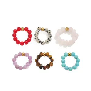 Natural stone beaded elastic rings set multi-color agate gemstone stainless steel DIY jewelry