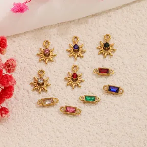 Ciondoli in Acciaio Inossidabile Placcato Oro 18K Sole Rettangolo Strass Connettori Doppio Foro Per Creazione Gioielli Fai Da Te