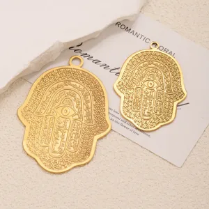 Goldener Edelstahl Hamsa Hand Auge Anhänger, detaillierte Gravur, DIY Halsketten Charm.
