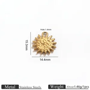 Detailed view of textured sun metal pendant, 15.3x14.4mm stainless steel DIY jewelry charm.