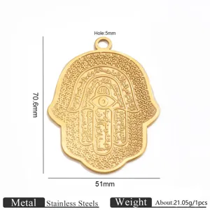 Edelstahl Gold Hamsa Hand Anhänger mit böser Blick Ausschnitt Detailansicht 70x51mm