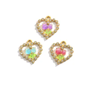 Stainless steel heart tulip pendant with sparkling rhinestones for DIY necklace charms.