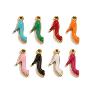 Detailed view of colorful enamel high heel shoe charms, stainless steel DIY jewelry pendants.