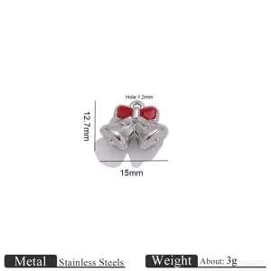Stainless steel Christmas double bell pendant with red bow, DIY jewelry making accessory detail.