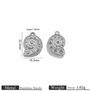 Stainless steel ammonite shell charm detail showing 22.5mm height and 1.5mm hole specs.