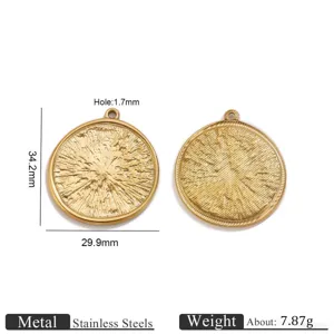 Stainless steel round pendant charm detail, 29.9mm diameter with unique sun texture design.