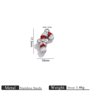 Stainless steel Christmas candy cane charm with red enamel, DIY jewelry making accessory.