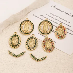 18K Vergoldet Edelstahl Doppelreihig Oval Geometrisch Anhänger Vintage Religiöse Jungfrau Maria Strass Halskette DIY Schmuck Zubehör