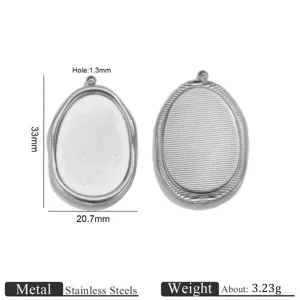 Stainless steel oval pendant blank jewelry making component with hole size and weight specs.