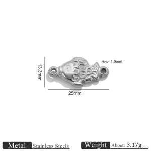 Stainless steel fish charm detail view, double hole DIY jewelry accessory, 25mm size.