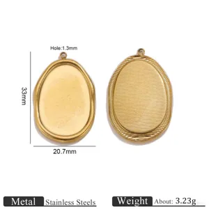 Stainless steel oval pendant tray blank detail, polished gold finish, precise size measurements.