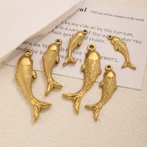 Detailed close-up view of gold stainless steel koi fish pendant charm for diy jewelry making.