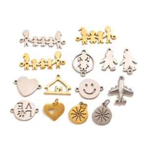 Détails de charms bijoux DIY en acier inoxydable avec figurines de famille et jolis cœurs.