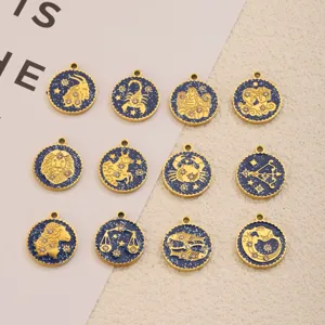 Zodiac star sign round charms with blue enamel and rhinestones for DIY jewelry making.
