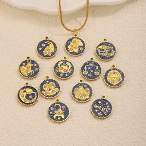 Stainless Steel Zodiac Round Pendants 18K Gold Plated Enamel Rhinestones DIY Charms