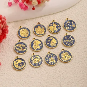 12 Zodiac Signs Stainless Steel Enamel Rhinestone Pendants Charms for DIY Necklace Jewelry