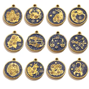 Stainless steel 12 zodiac round pendants detail, enamel rhinestone gold plated DIY jewelry.