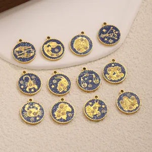 12 Zodiac Signs Round Stainless Steel Enamel Rhinestone Charms DIY Jewelry Making Accessories