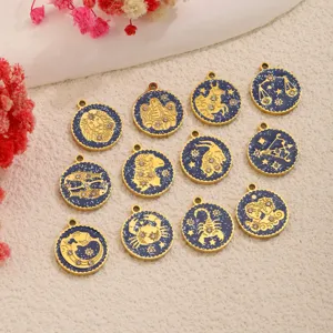 Stainless Steel 18K Gold Plated Twelve Zodiac Signs Pendants Starry Sky Enamel Rhinestone Charms For DIY Jewelry Making
