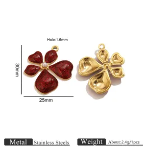 Stainless steel five petal flower pendant, red glitter DIY jewelry making accessories.