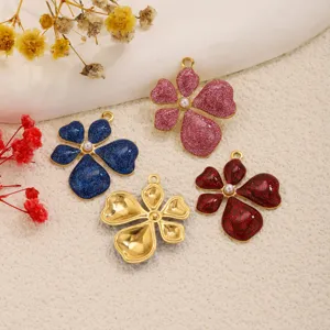 Stainless Steel Five-Petal Flower Heart Pendants With Artificial Pearl Gold Plated Glitter Enamel Charms For DIY Jewelry Making Necklace Bracelet Women