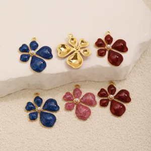Stainless steel 5-petal flower charms with glitter and pearl detail for DIY jewelry making