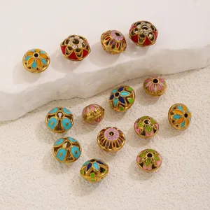 Stainless steel cloisonne enamel spacer beads hollow flower charms for DIY jewelry making.