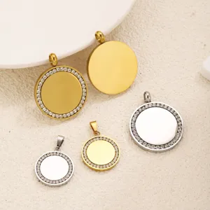 Stainless steel rhinestone round pendant blanks DIY necklace jewelry making accessories