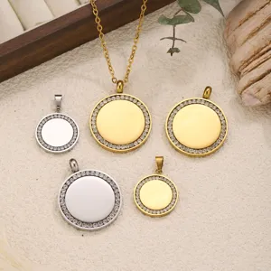 Stainless steel rhinestone round pendant detail showing blank plates for DIY necklace making.