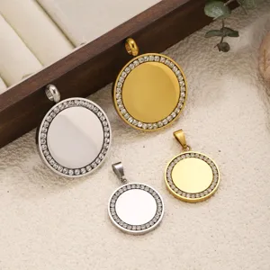 Stainless steel rhinestone round pendant blank DIY necklace jewelry making accessories detail view