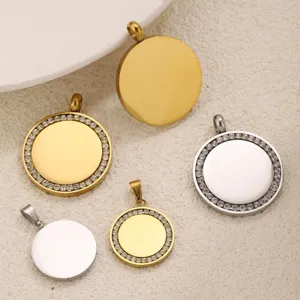 Stainless steel rhinestone round pendant blanks, DIY necklace jewelry making accessories.