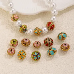 Stainless steel cloisonné spacer beads enamel flower cap charms DIY bracelet necklace jewelry accessories