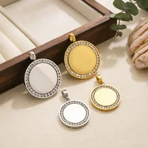 Stainless Steel Round Tag Pendant With Rhinestones DIY Jewelry Making Blank Circle Engravable Charm For Necklace Making For Women
