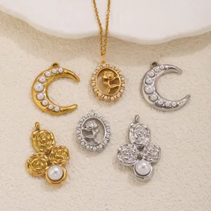 Edelstahl Rose Mond Kunstperle Anhänger DIY Vintage Schmuck Halskette Zubehör