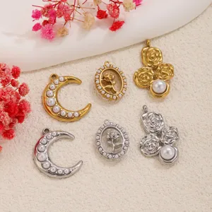 Edelstahl Rose Sichelmond Künstliche Perle Anhänger Charm Galvanisiert Vintage Luxus DIY Schmuckherstellung Anhänger Ohne Kette Für Halskette