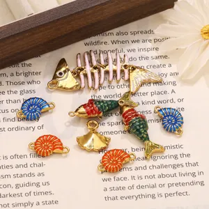 Stainless steel enamel fish skeleton and conch leaf charms details for DIY handmade jewelry necklace