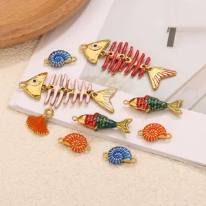 Colorful enamel fish skeleton and ammonite charm pendants for DIY handmade jewelry crafts