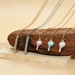 Macaron oil-drop conch and rhinestone bar pendant necklace set, elegant daily jewelry.