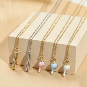Fashion Copper Gold Plated Vertical Bar Conch Pendant Necklace For Women Shiny Zirconia Enamel Macaron Sea Shell Elegant Charm Neckwear Daily Jewelry