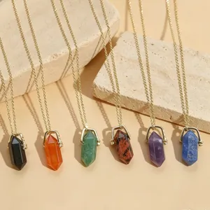 Natural crystal hexagonal pillar pendant necklace with double-pointed design and rotating clasp.