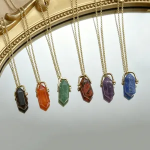 Natural Crystal Hexagonal Prism Necklace For Women Gold Plated Rotating Clasp Double Point Stone Pendant Fashion Jewelry
