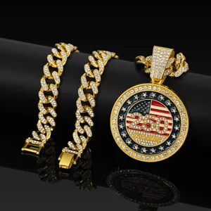 Collar de cadena cubana dorada con colgante de strass del 250 aniversario moda