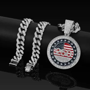 Collar con Colgante Estrellas y Barras de Aleación de Zinc Hip Hop Hombre Cadena de Eslabones Cubanos Strass Medallón Conmemorativo Joyería Fiesta