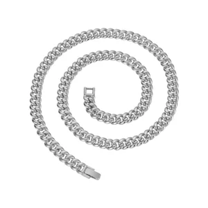 Minimalist silver cuban link chain necklace, versatile fashion couple jewelry detail view.