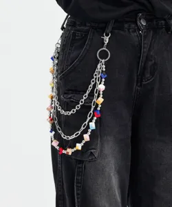 Three-layer Rubik's cube hip-hop pants chain, stylish denim metal accessory for daily streetwear.