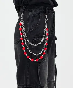 Multi-layer red cube metal chain detail, trendy hip-hop style waist chain for jeans and pants.