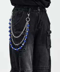 Multi-layer metal pants chain hip hop street style trouser chain with blue cube charms for jeans.